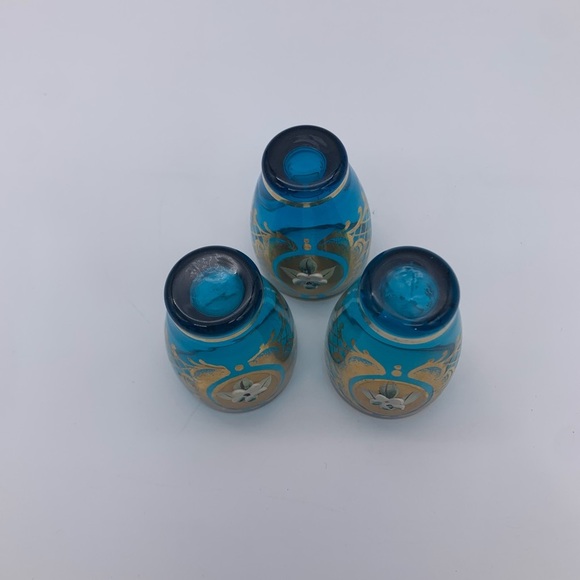 Vintage Set Of 3 Italian Murano Venetian Blue & Gold 2oz Shot Glasses Painted - Picture 7 of 8